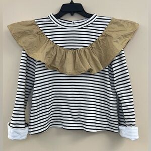 English Factory Striped Black and White Top with Tan Ruffle